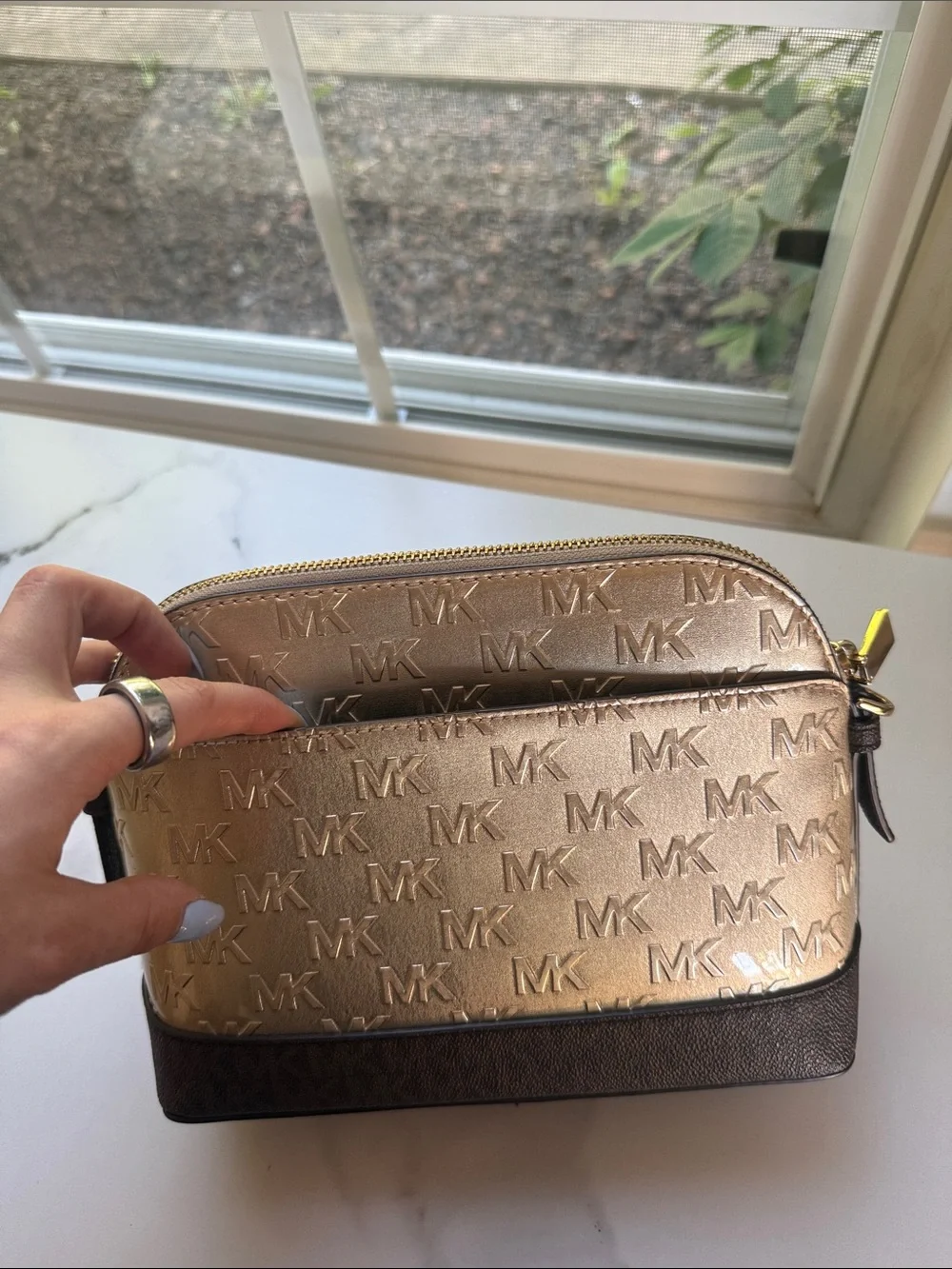 Michael Kors Gold and Brown Logo Dome Crossbody - Picture 2 of 4